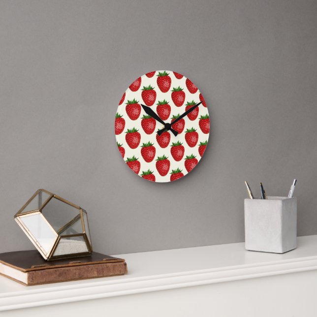 Strawberry Pattern, Red Strawberries, Fruit, Leaf Round Clock (Office)