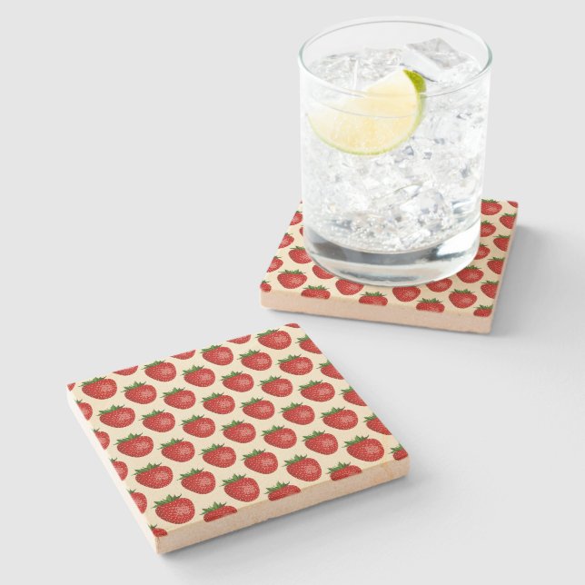 Strawberry Pattern, Red Strawberries, Fruit, Leaf Stone Coaster (Side)