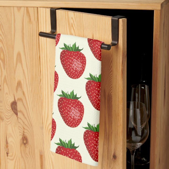 Strawberry Pattern, Red Strawberries, Fruit, Leaf Tea Towel (Thirds Fold)