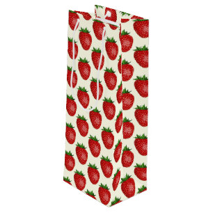 Strawberry Pattern, Red Strawberries, Fruit, Leaf Wine Gift Bag