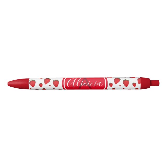 Strawberry Pattern Red White Name Initial Black Ink Pen (Front)
