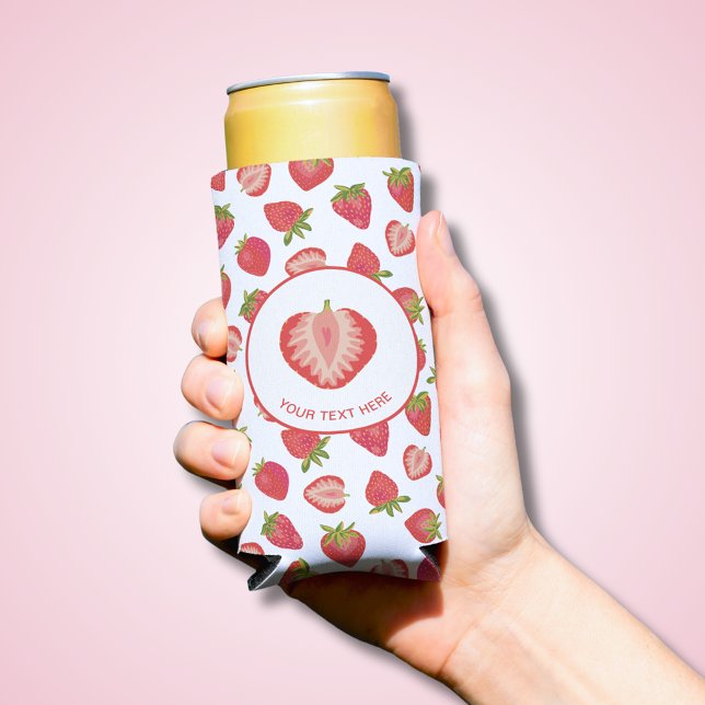 Strawberry Pattern Seltzer Can Cooler (Fun Summer strawberry pattern can cooler with custom text. Ideal for summer and birthday parties.)