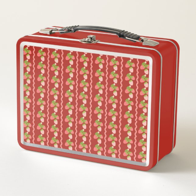Strawberry pattern trellis spring summer kids metal lunch box (Front)