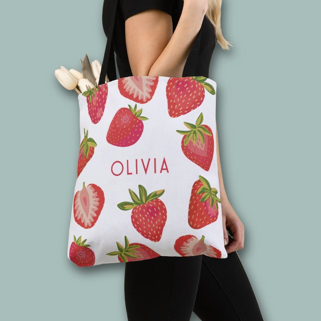 Strawberry Personalised Name Tote Bag (Peraonslized strawberry print all over print tote bag)
