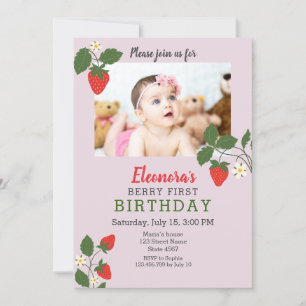 Strawberry Photo 1st Birthday Invitation