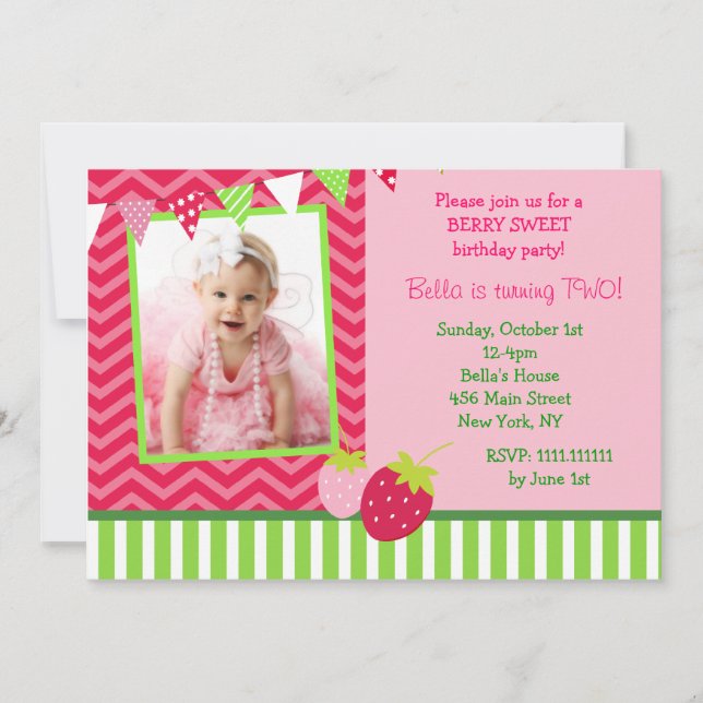 Strawberry Photo Birthday Party Invitations (Front)