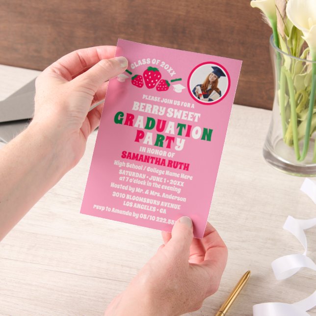 Strawberry Photo Graduation Party Vellum Invitations (Handheld)