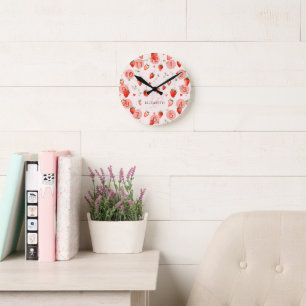 Strawberry Pie Botanical Pink Hearts Monogram Round Clock