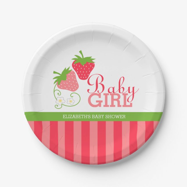 Strawberry Pink and Green Baby Shower Paper Plate (Front)