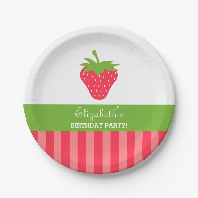 Strawberry Pink and Green Birthday Paper Plate (Front)