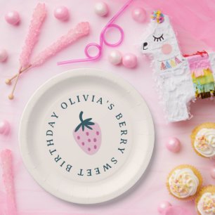 Strawberry pink baby birthday party paper plate