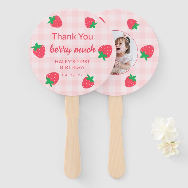 Strawberry Pink Berry First Baby Birthday Photo Hand Fan (Front and Back)