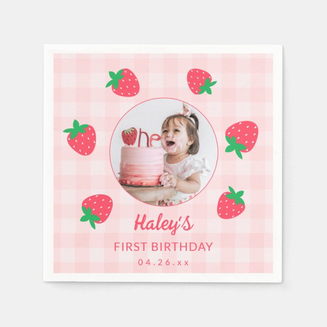 Strawberry Pink Berry First Baby Birthday Photo Napkin (Front)