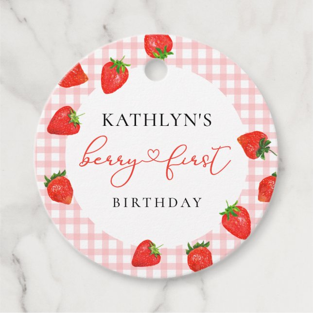 Strawberry Pink Berry First Plaid Gingham Birthday Favour Tags (Front)