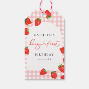 Strawberry Pink Berry First Plaid Gingham Birthday Gift Tags