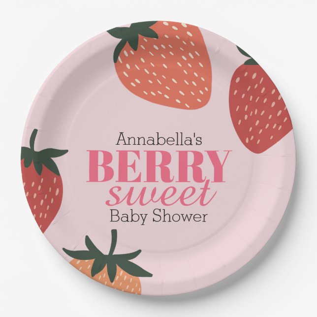 Strawberry Pink Berry Sweet Baby Shower Paper Plate (Front)