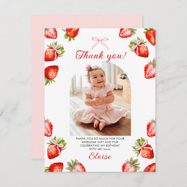 Strawberry Pink Bow 1st Birthday Thank You Card (Front/Back)