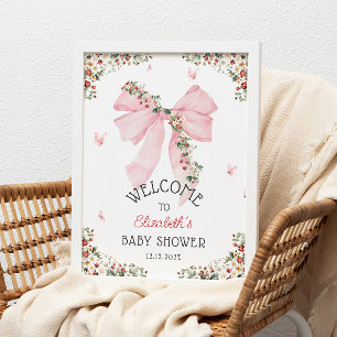 Strawberry Pink Bow Baby Shower Welcome  Poster