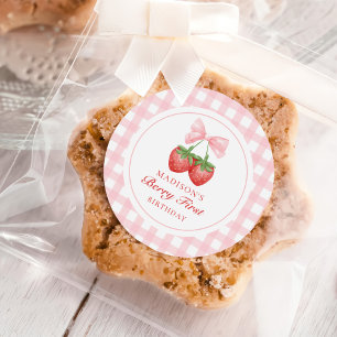 Strawberry Pink Bow Girl 1st Birthday Classic Round Sticker