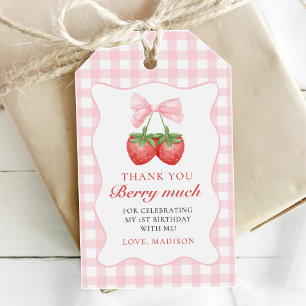 Strawberry Pink Bow Girl 1st Birthday Gift Tags