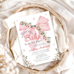 Strawberry Pink Bow Girl Baby Shower Invitation