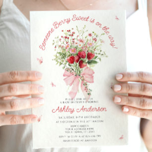 Strawberry Pink Bow Greenery Baby Shower Invitation