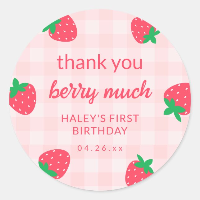 Strawberry Pink Cute Berry First 1st Baby Birthday Classic Round Sticker (Front)