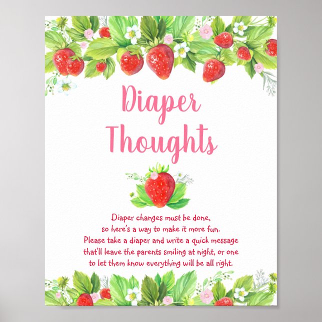 Strawberry Pink Floral Baby Shower Diaper Thoughts Poster (Front)