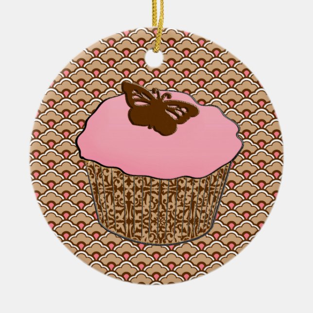 Strawberry Pink Frosted Cupcake Ceramic Tree Decoration (Front)