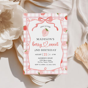 Strawberry Pink Gingham 2nd Birthday Party Invitation