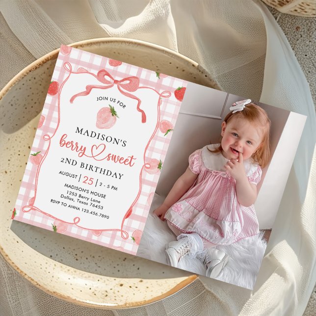 Strawberry Pink Gingham 2nd Birthday Party Photo Invitation (Creator Uploaded)