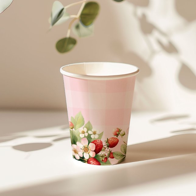 Strawberry pink gingham baby shower paper cups (Creator Uploaded)