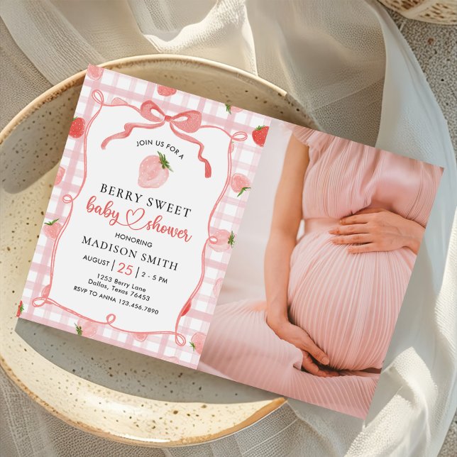 Strawberry Pink Gingham Girl Baby Shower Photo Invitation (Creator Uploaded)