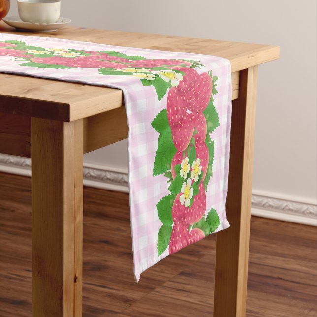 Strawberry Pink Gingham Short Table Runner (In Situ)