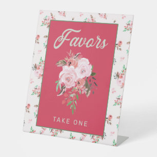 Strawberry Pink & Green Floral Favours Take One Pedestal Sign