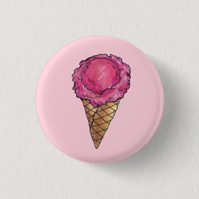 Strawberry Pink Ice Cream Scoop Waffle Cone Foodie 3 Cm Round Badge (Front)