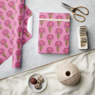 Strawberry Pink Ice Cream Waffle Cone Scoop Wrapping Paper