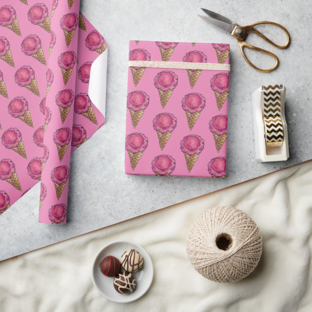 Strawberry Pink Ice Cream Waffle Cone Scoop Wrapping Paper (Crafts)
