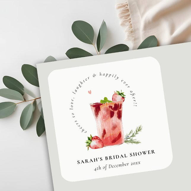 Strawberry Pink Margarita Cocktail Bridal Shower Square Sticker (Creator Uploaded)