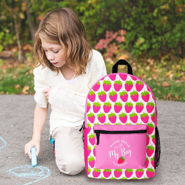 Strawberry Pink Printed Backpack (Sweet Strawberry Design Backpack. Suitable for kids who love strawberry.)