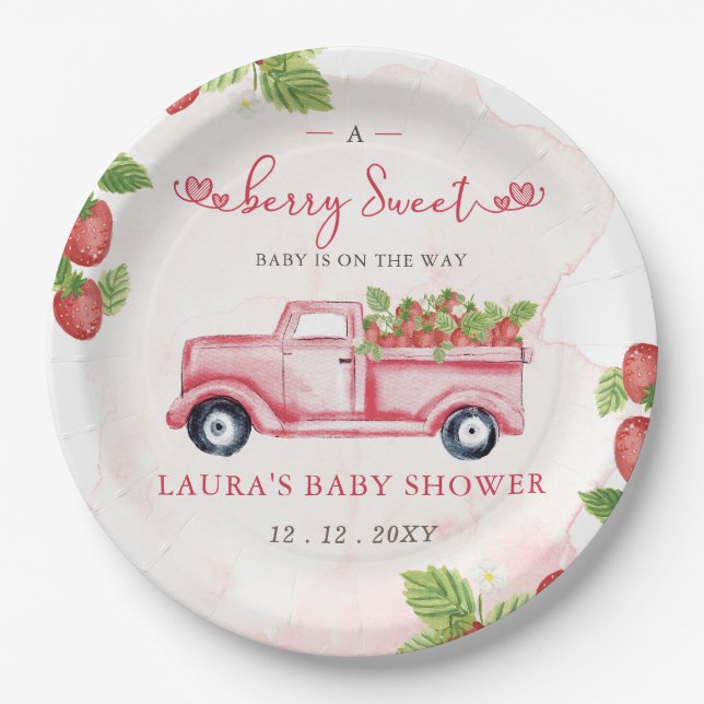 Strawberry Pink Red Berry Sweet Baby Shower Paper Plate (Front)
