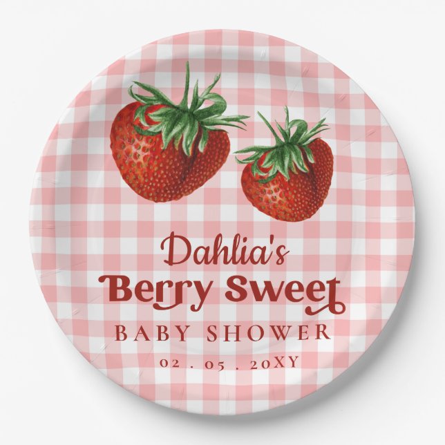 Strawberry Pink Red Berry Sweet Baby Shower Paper Plate (Front)