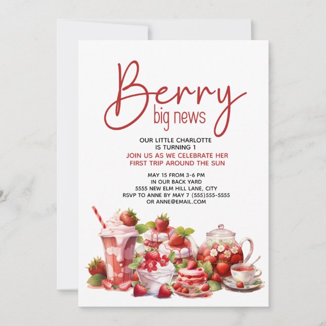 Strawberry Pink Red Berry White 1st Birthday  Invitation (Front)