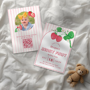 Strawberry Pink Stripes Girl Berry First Birthday Invitation