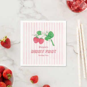 Strawberry Pink Stripes Girl Berry First Birthday Napkin