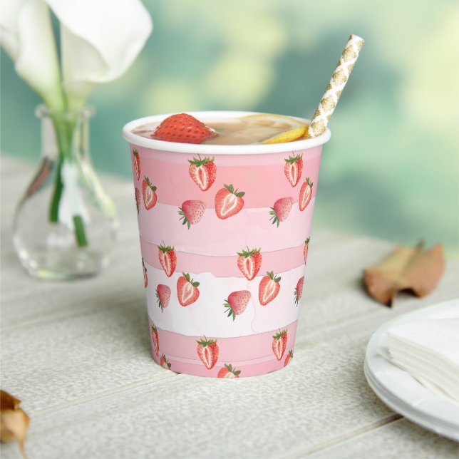 Strawberry Pink Stripes Paper Cups (Insitu)