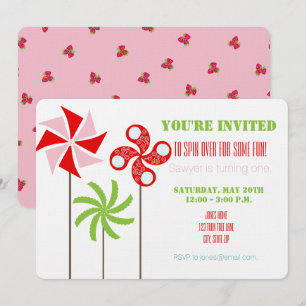 Strawberry Pinwheel Themed Birthday - Pink Back  Invitation