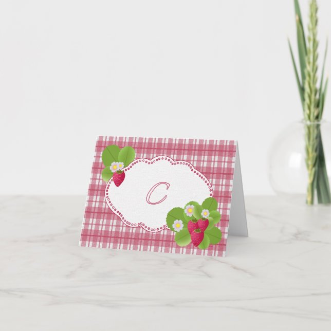 Strawberry Plaid Monogram C Note Card (Front)