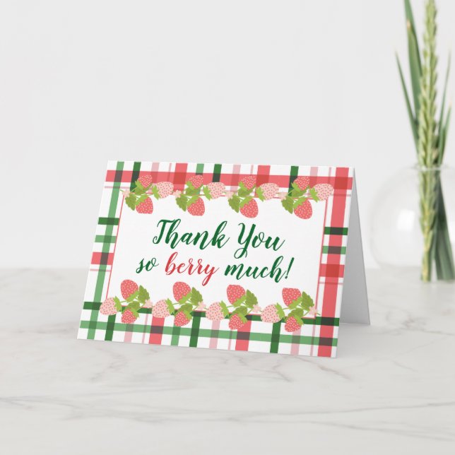 Strawberry Plaid "Thank You So Berry Much" Thank You Card (Front)
