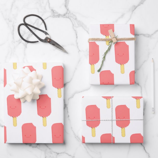 Strawberry Popsicle Cute Cartoon Drawing Wrapping Paper Sheet (Front)